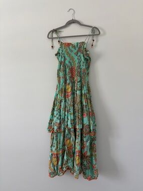 Isla Playa Teal Green Paisley Floral Tiered Smocked Resort Wear Maxi Dress XS